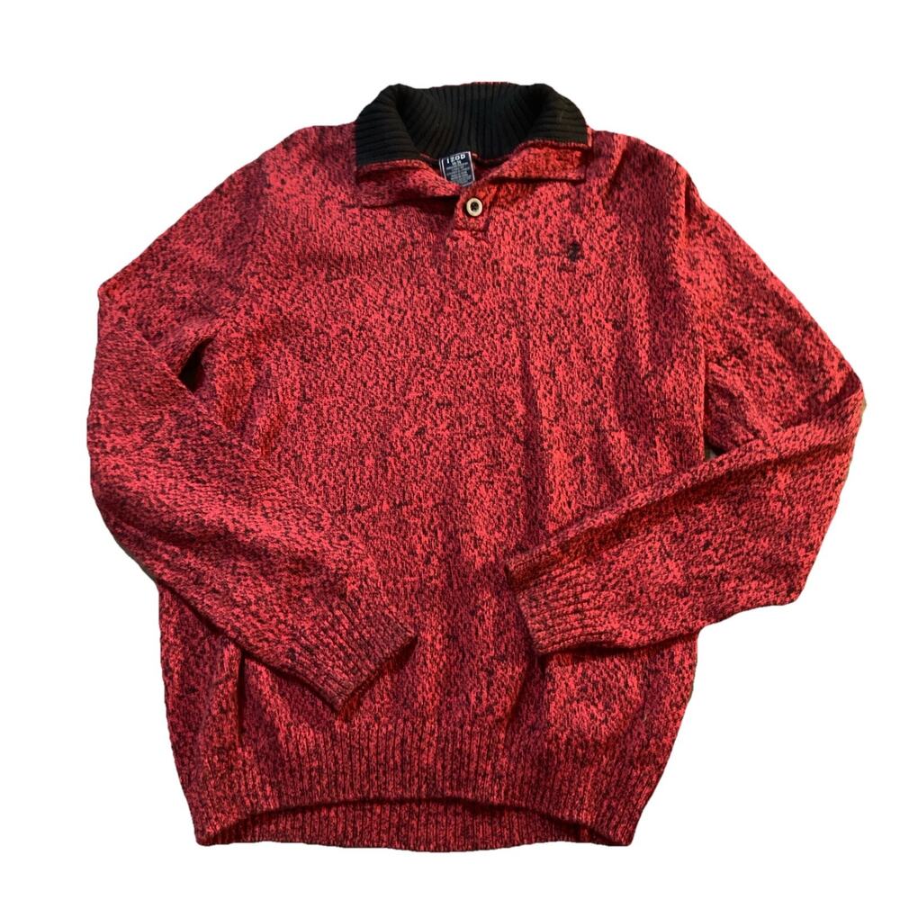 Mock Neck Preppy Izod Youth 14/16 3 Button Sweater Red & Black Long Sleeve